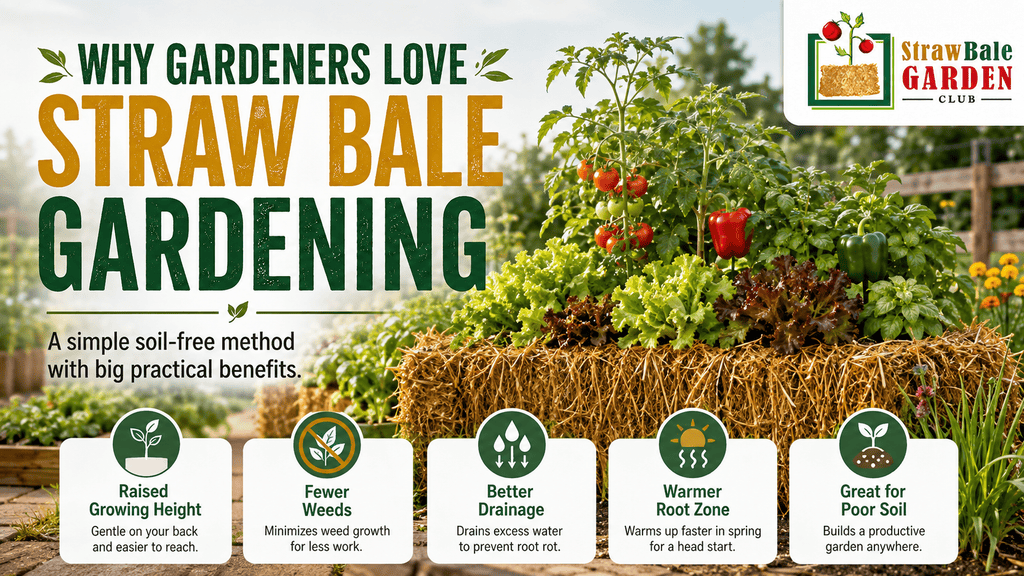 What Is Straw Bale Gardening? How This Soil-Free Growing Method Works 4 Vegetables growing in a conditioned straw bale garden