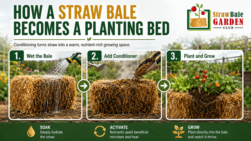 What Is Straw Bale Gardening? How This Soil-Free Growing Method Works 2 Vegetables growing in a conditioned straw bale garden