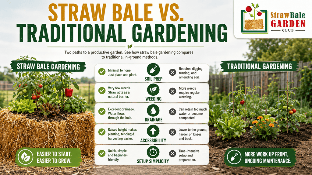 What Is Straw Bale Gardening? How This Soil-Free Growing Method Works 3 vegetable growing in a strawbale garden vs traditional garden